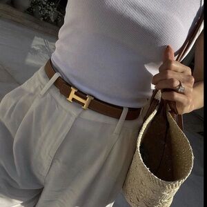 Hermes Brown Leather H Belt with Gold H Buckle